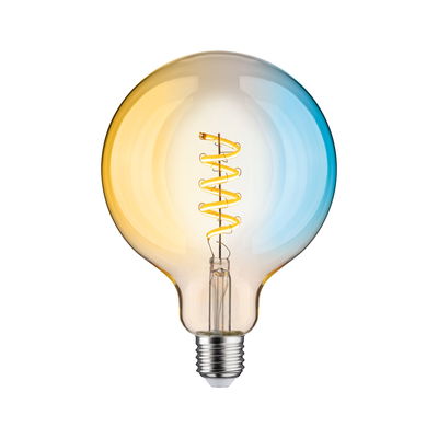 Pære med spiralformet LED-filament i klart glas med gul-blåt farvegradient