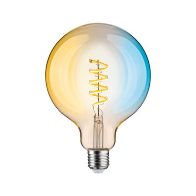 Light bulb with spiral LED filament in clear glass featuring yellow-blue gradient color