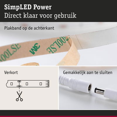 LED-strip met plakband aan achterkant, eenvoudig in te korten en aan te sluiten met witte connector