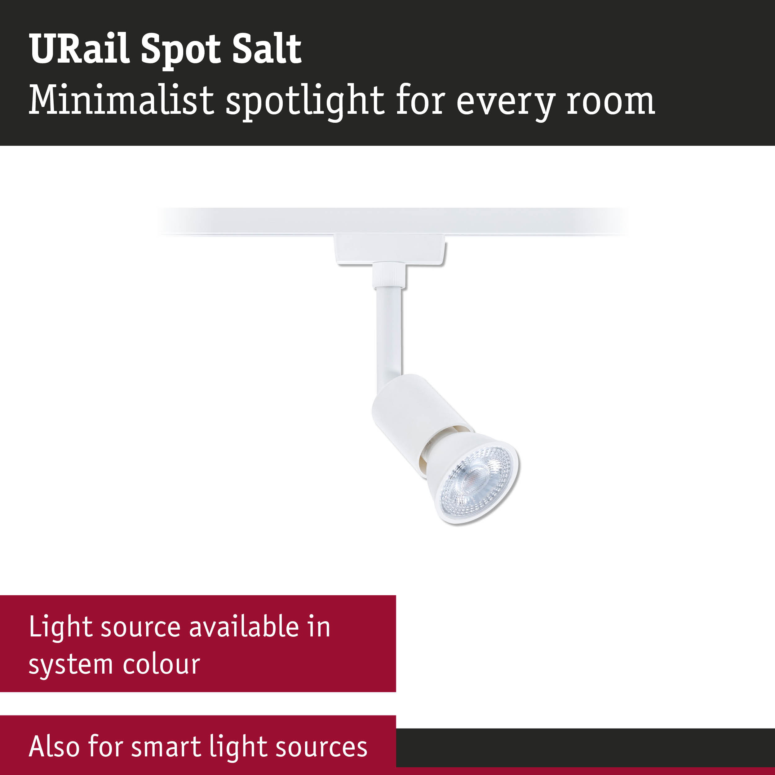 Minimalist white URail Spot Salt spotlight for versatile room lighting with LED option