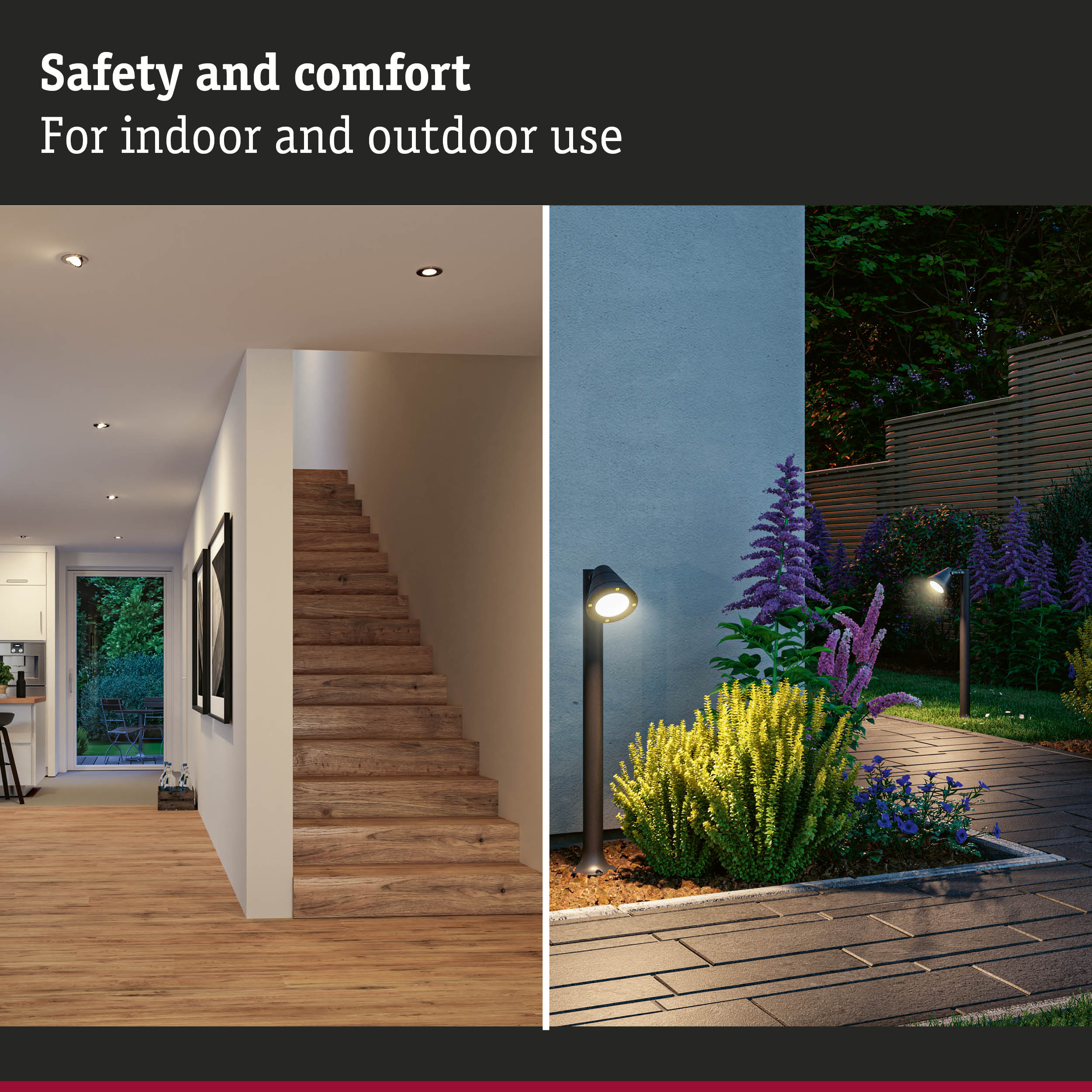 Interior with wooden stairs and garden lights outside for safe indoor and outdoor lighting