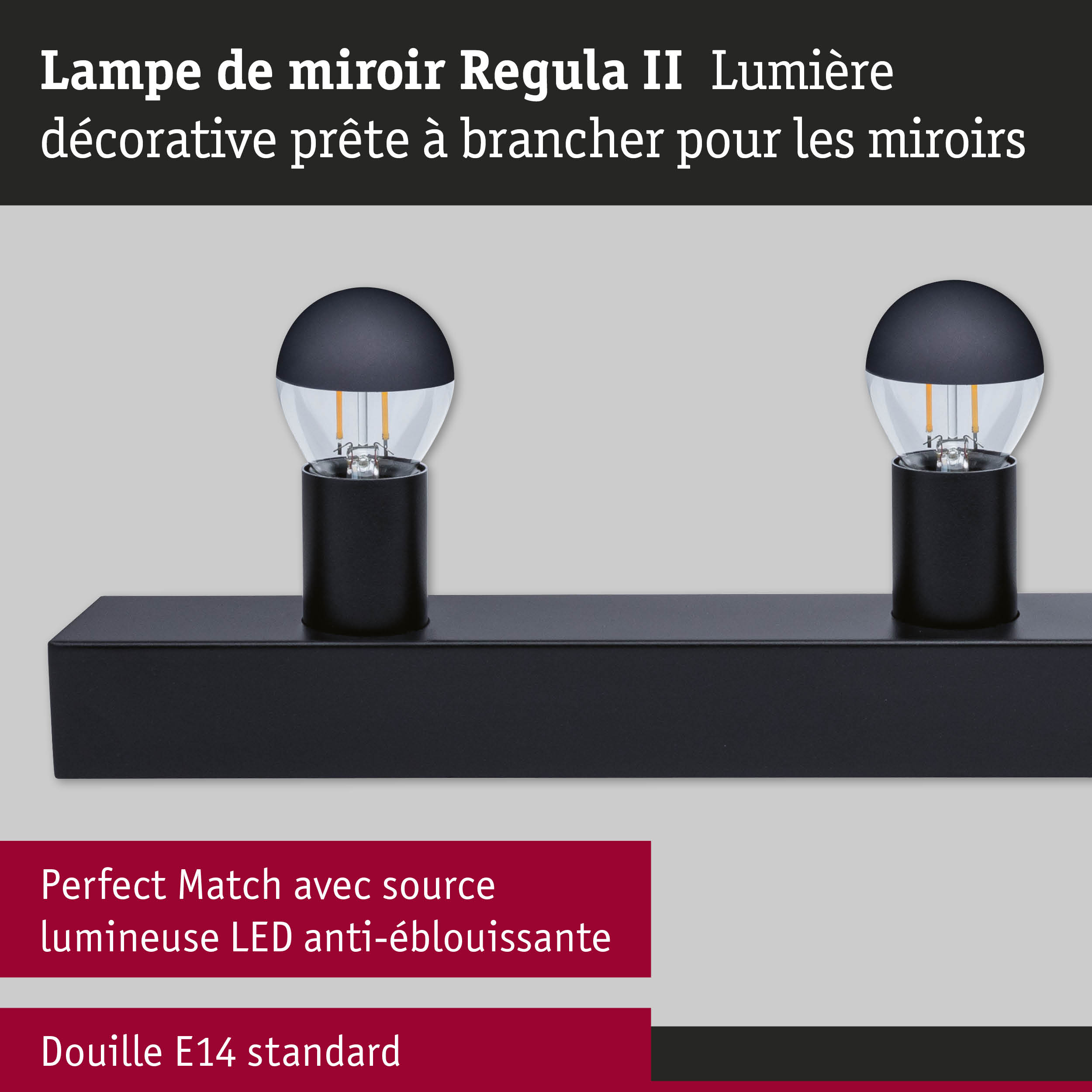 Kit Éclairage de miroir Regula II ampoules incluses 4-flammes E14 2700K 4x250lm 230V 4x2,5W gradable Noir/Calotte réflectrice en noir mat