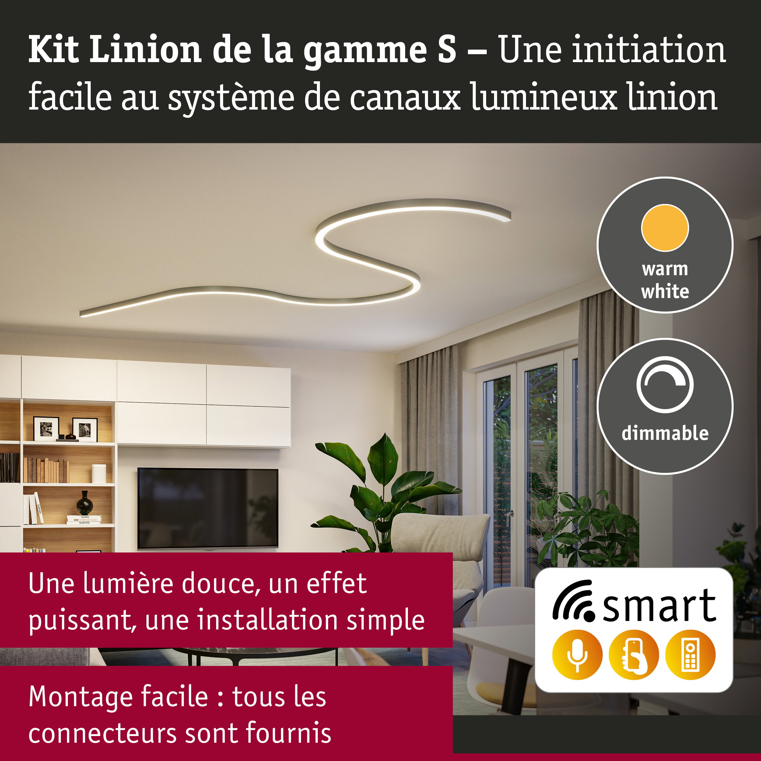 Linion Canal lumineux Smart Home Zigbee 3.0 Forme en S Kit complet 230/24V W 3000K Chrome mat