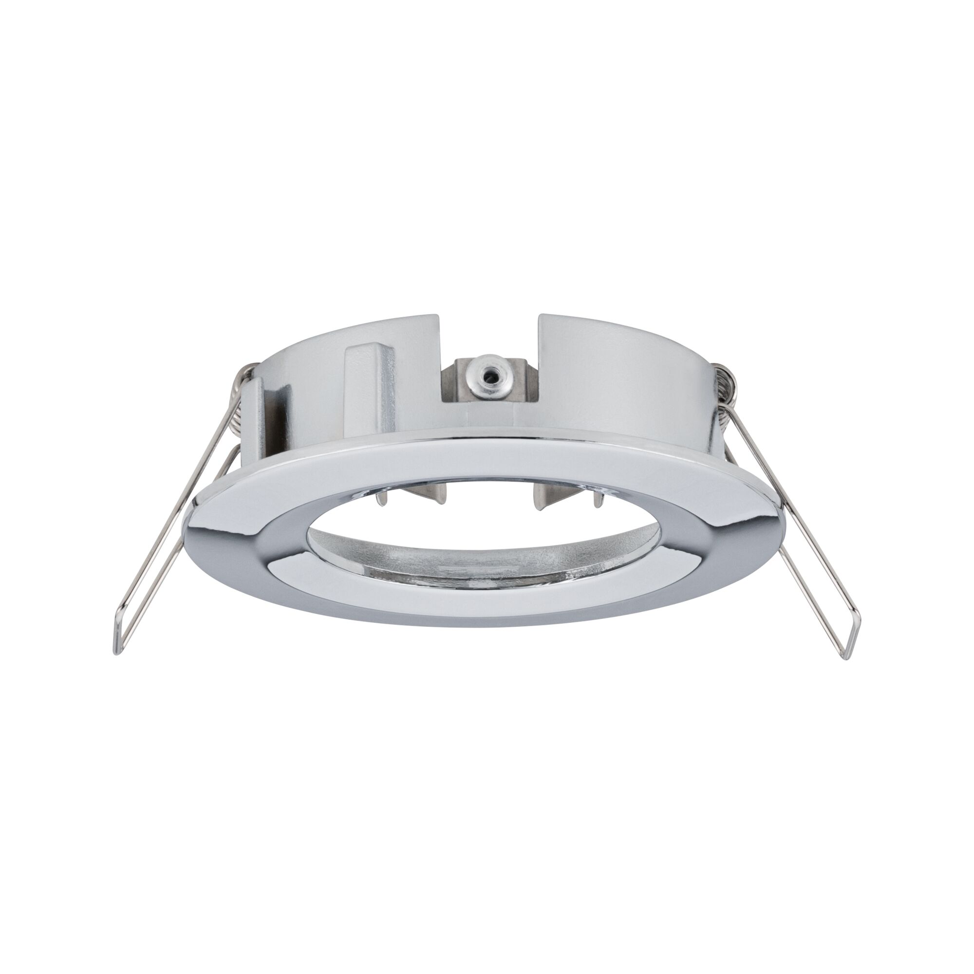 Round recessed spotlight in chrome metal with spring clips for ceiling installation, LED compatible