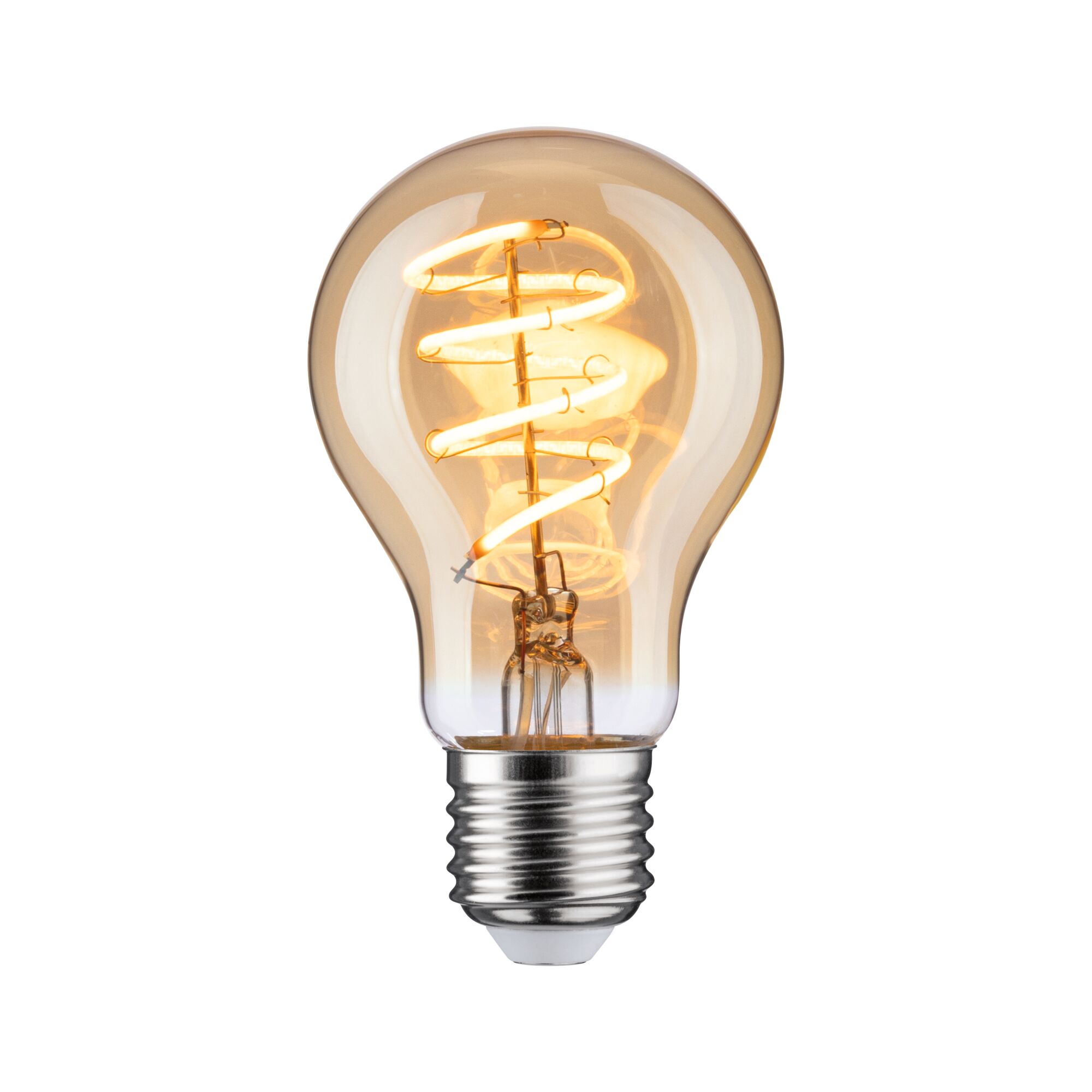 Light bulb with spiral LED filament in warm white glass for decorative lighting use