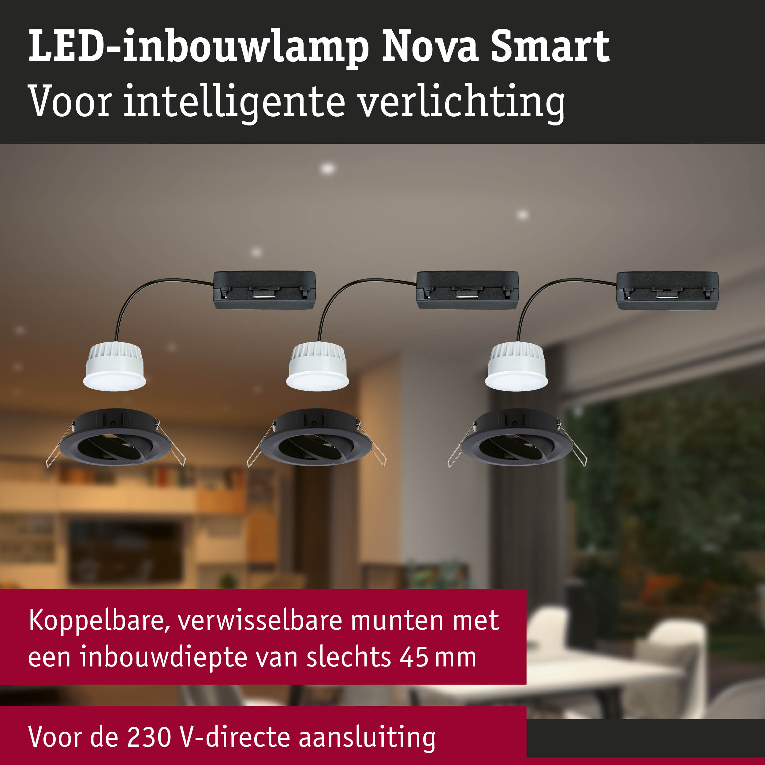 LED-inbouwlamp Nova Smart met koppelbare, verwisselbare modules en 45 mm inbouwdiepte voor slimme verlichting