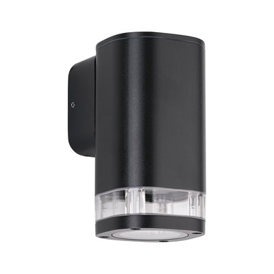 Black aluminum wall light with clear glass section, modern outdoor LED lighting fixture.