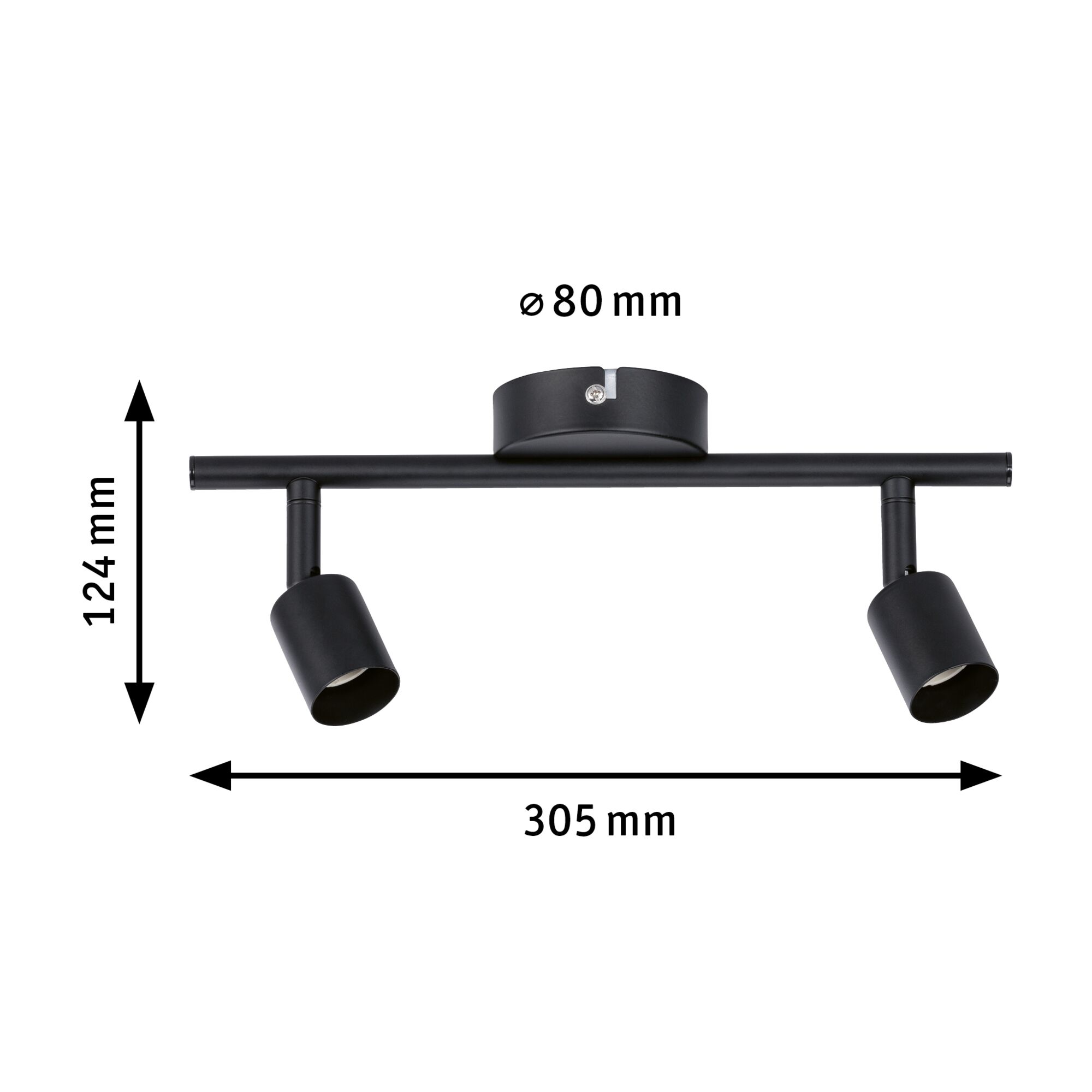 Zwarte metalen plafondlamp met twee verstelbare spots, afmetingen 305x124 mm, moderne LED-spot
