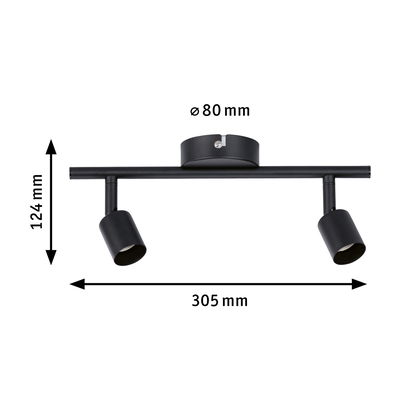 Black metal ceiling light with two adjustable spotlights, size 305x124 mm, modern LED spotlight
