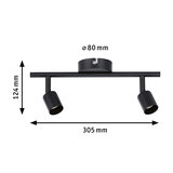 Zwarte metalen plafondlamp met twee verstelbare spots, afmetingen 305x124 mm, moderne LED-spot