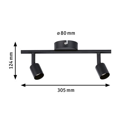 Zwarte metalen plafondlamp met twee verstelbare spots, afmetingen 305x124 mm, moderne LED-spot