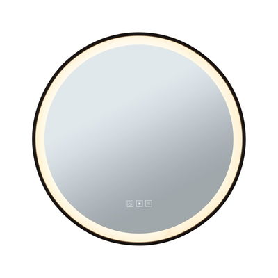 Round bathroom mirror with black frame and warm white LED light, touch control icons visible