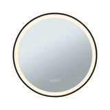 Miroir de salle de bain rond avec cadre noir et éclairage LED blanc chaud, commandes tactiles visibles