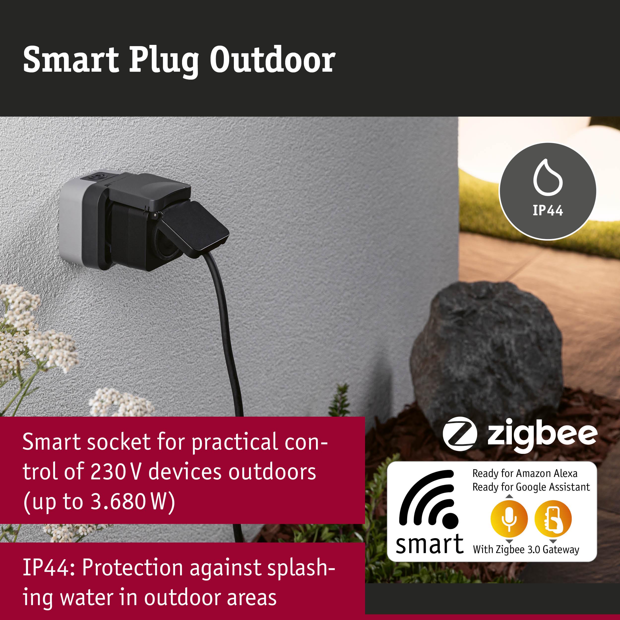 Black and grey outdoor smart plug with IP44 splash protection for 230V devices up to 3680W, Zigbee ready