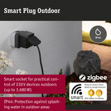Black and grey outdoor smart plug with IP44 splash protection for 230V devices up to 3680W, Zigbee ready