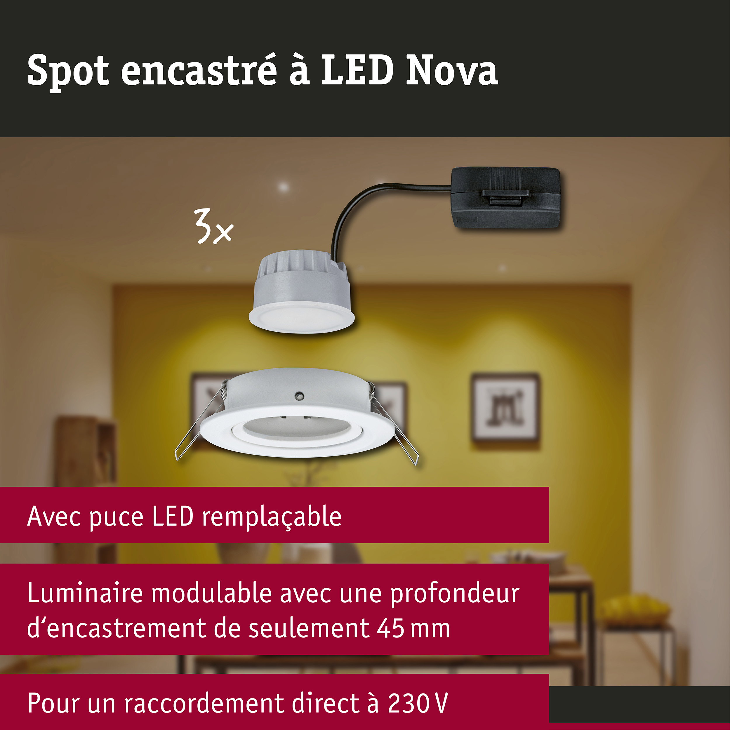 Spot encastré LED 3-Step-Dim Nova Coin Kit de base orientable rond 84mm 50° Coin 3x6W 3x470lm 230V gradable 2700K Blanc dépoli