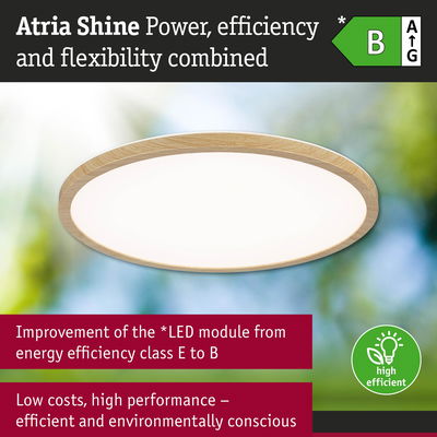 Round LED ceiling light with natural wood frame, energy efficient and environmentally conscious