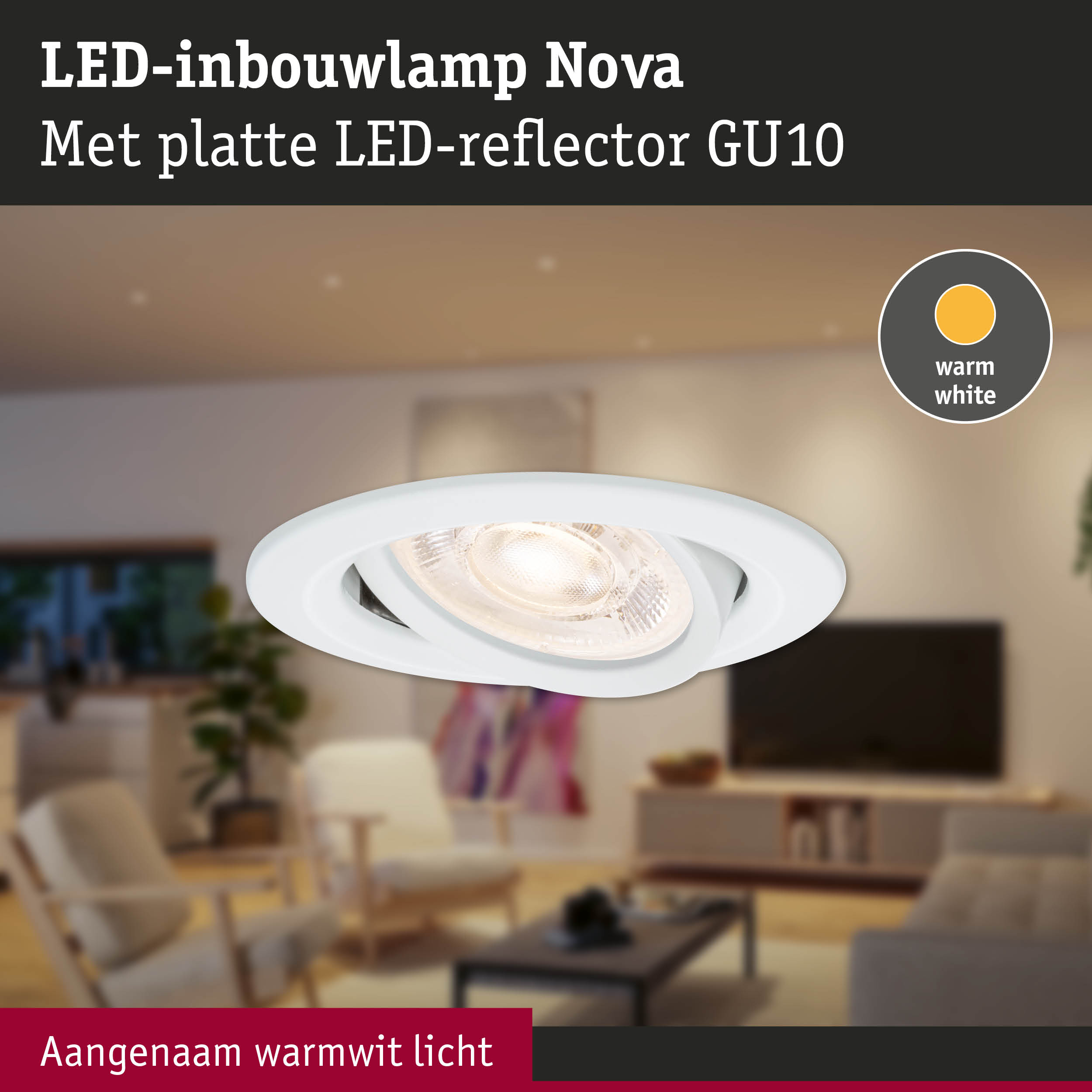 Witte LED-inbouwlamp Nova met platte GU10 reflector voor aangenaam warmwit licht in woonkamer