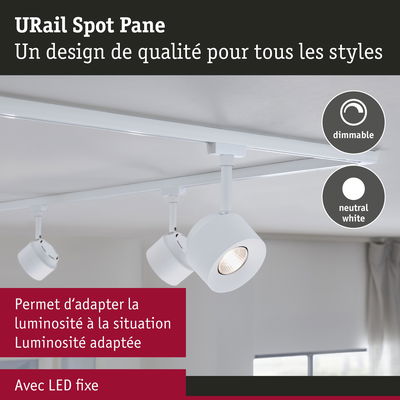 Spot LED URail Spot Pane blanc avec lumière blanche neutre dimmable fixé au plafond