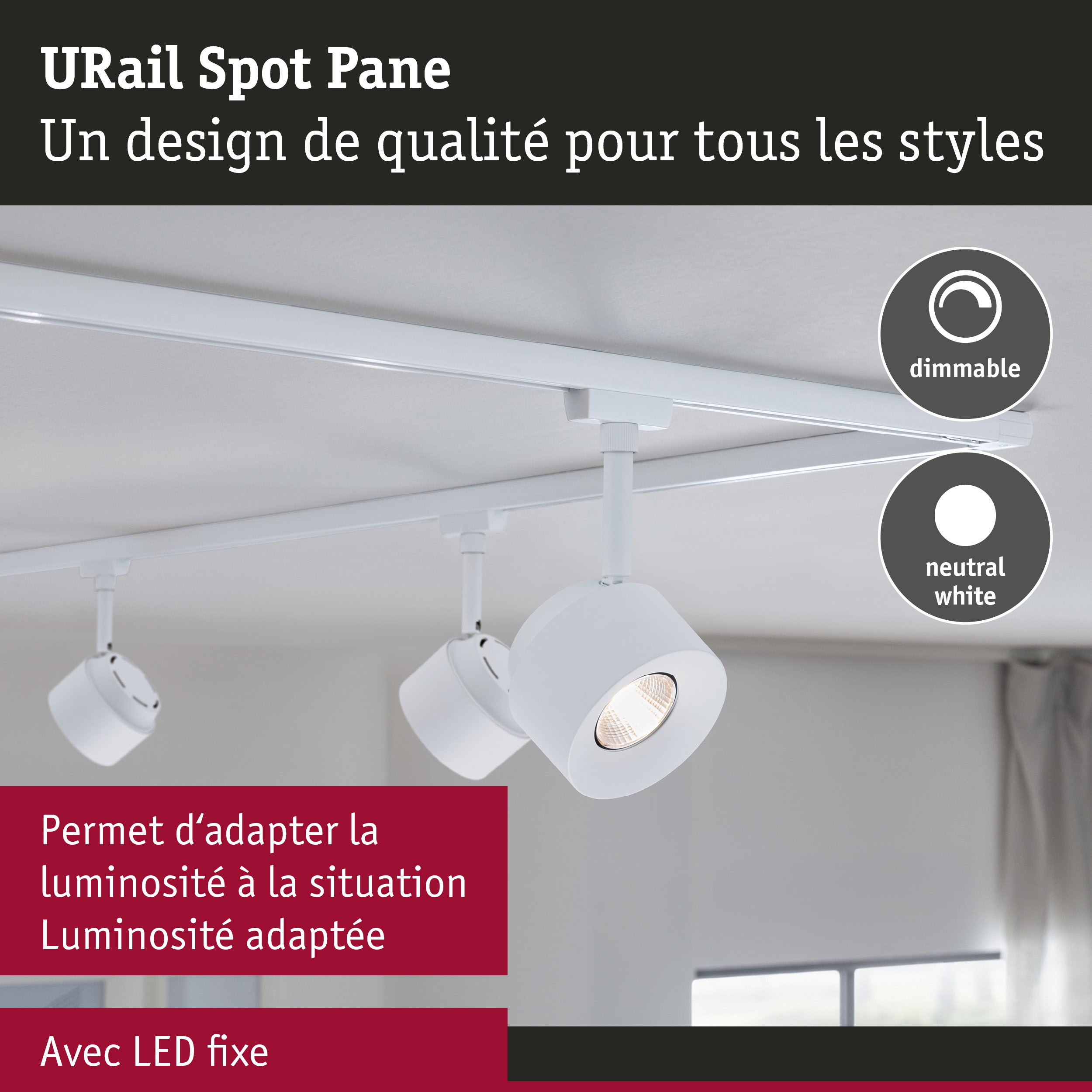 Spot LED URail Spot Pane blanc sur rail avec lumière blanche neutre dimmable pour intérieur moderne