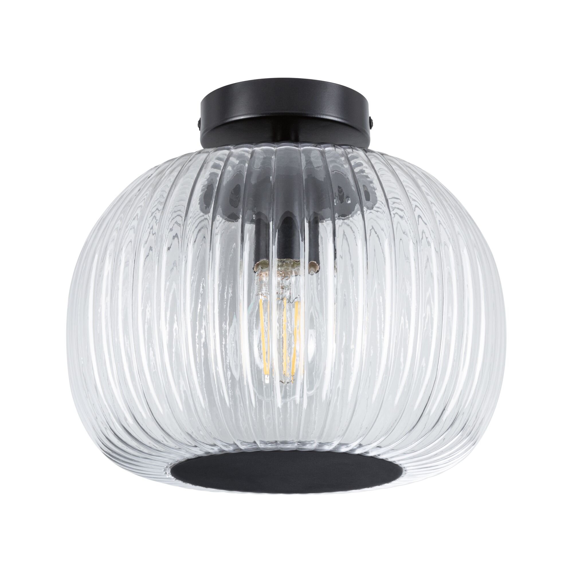 Ceiling light with ribbed clear glass and black metal base for modern home lighting