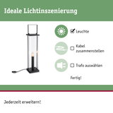 Schwarze Stehlampe mit Glasgehäuse und sichtbarer Glühbirne, modernes Design für Wohnraumbeleuchtung