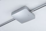 Square ceiling adapter in silver aluminum for track lighting systems with modern design