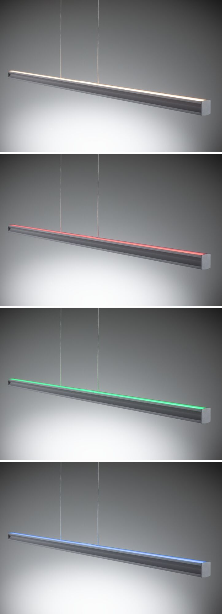 Moderne grå aluminium pendel med skiftende LED-farver hvid, rød, grøn, blå til opholdsrum