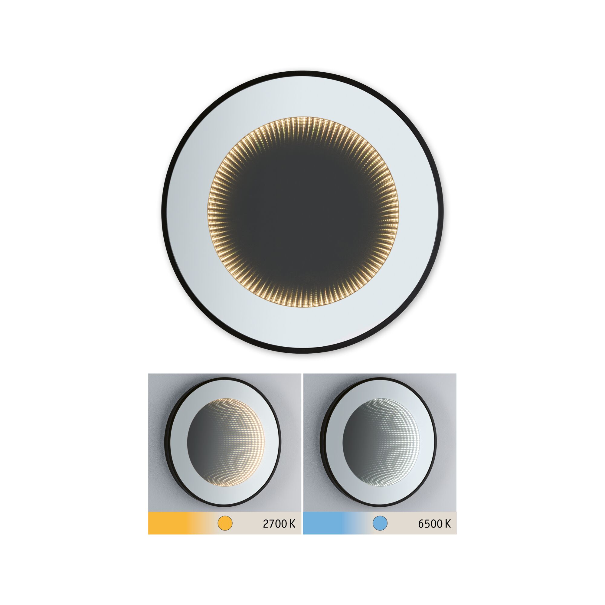 LED Leuchtspiegel Miro IP44 Tunable White 70lm 230V 11,5W Spiegel/Schwarz matt Runder Spiegel mit schwarzem Rahmen und einstellbarer LED-Beleuchtung in 2700K, 4000K und 6500K Lichtfarben