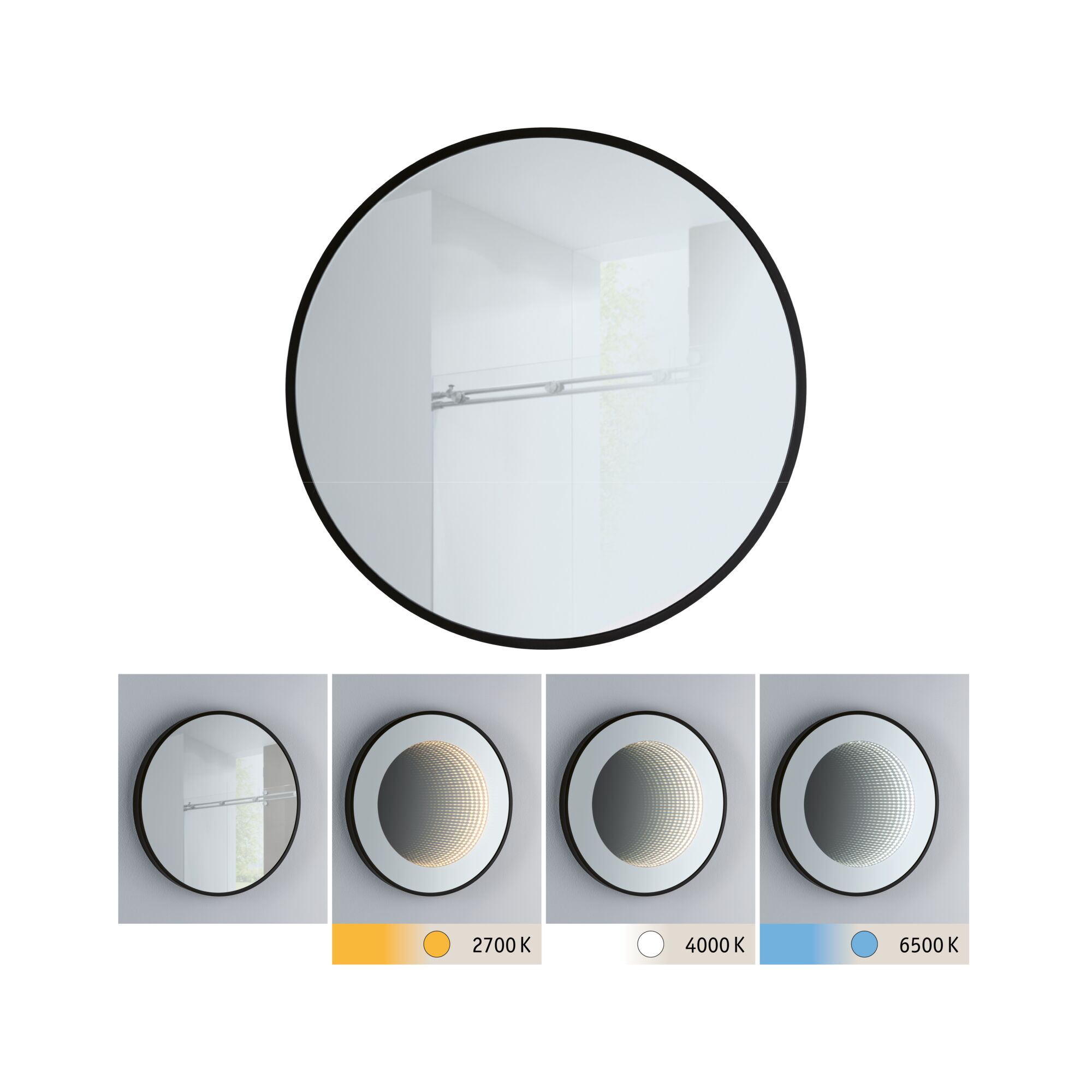 Miroir rond à cadre noir avec éclairage LED réglable en températures de couleur 2700K, 4000K et 6500K