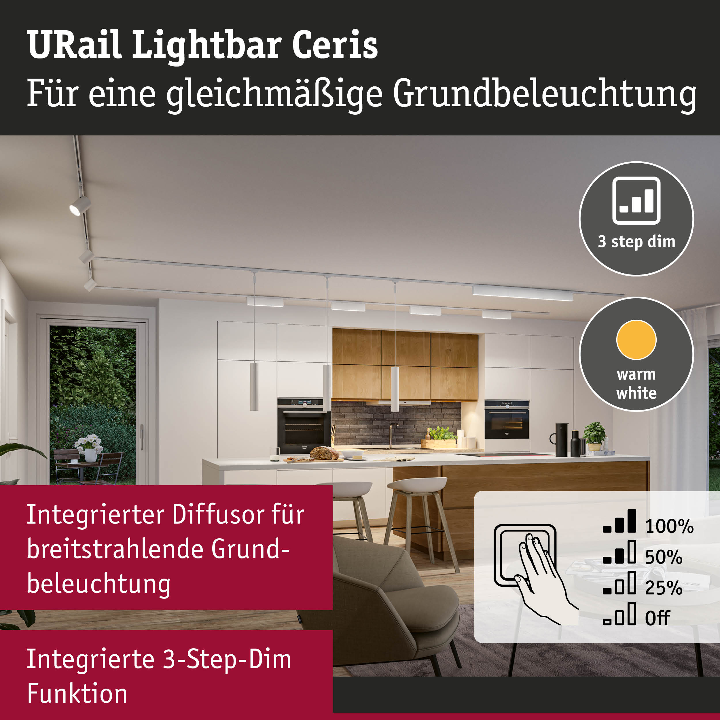 URail Lightbar Ceris weiße Deckenleuchte mit 3-Stufen-Dimmfunktion für gleichmäßige Grundbeleuchtung