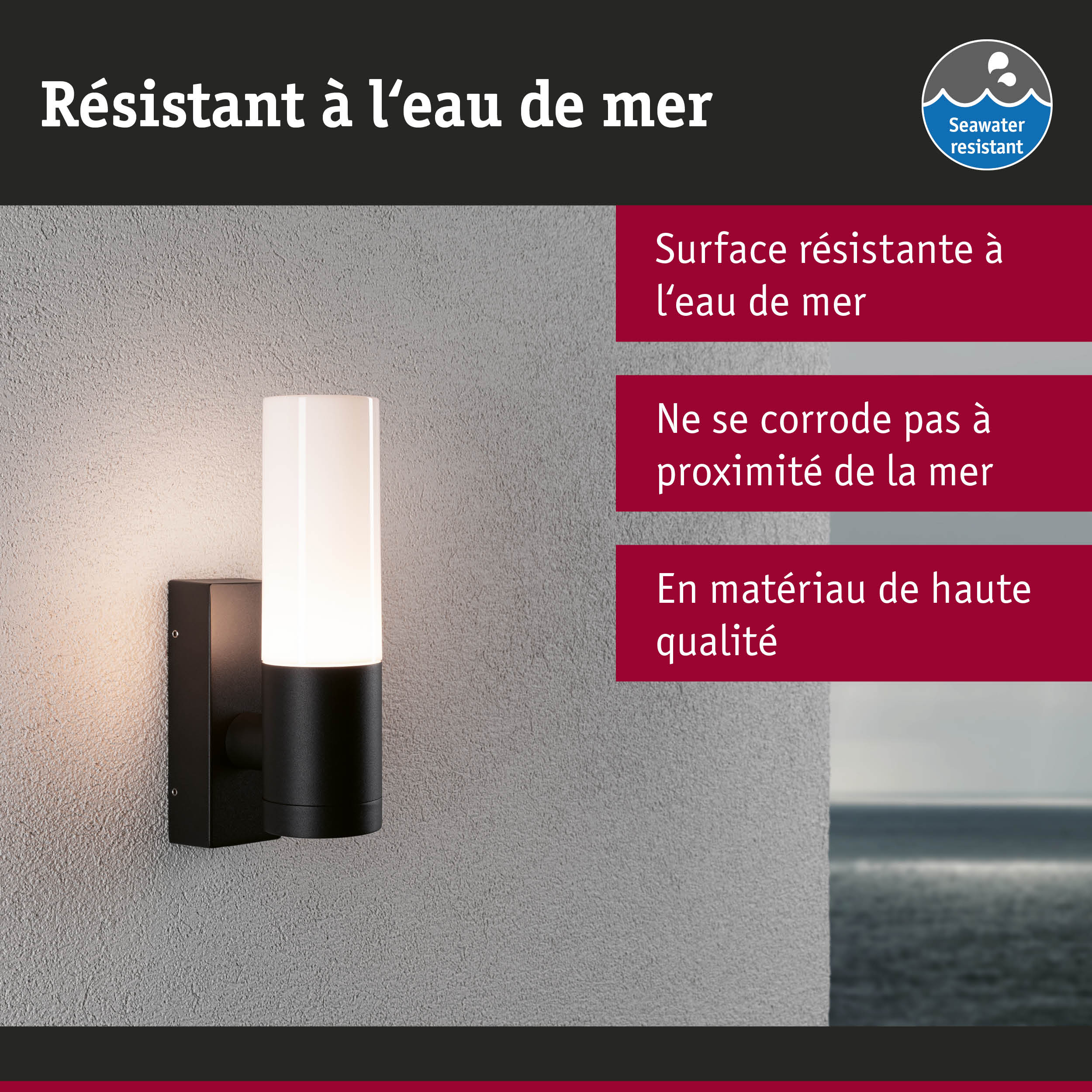 Applique murale extérieure noire avec verre blanc, résistante à l'eau de mer pour usage côtier