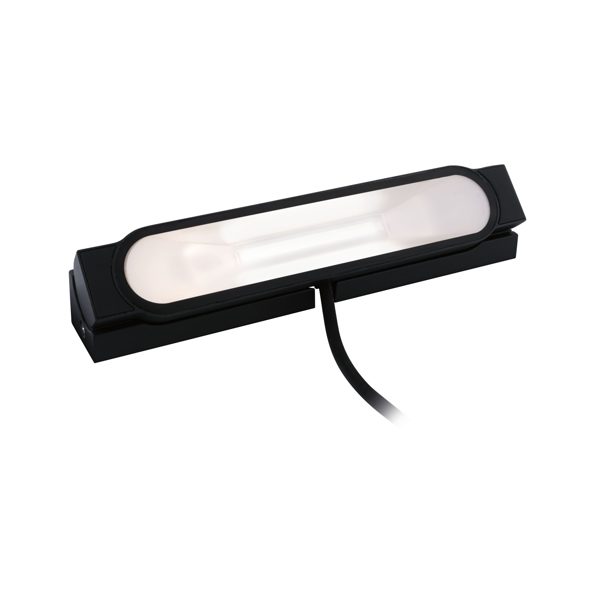 Schwarze LED-Leuchte mit länglichem, milchigem Diffusor und Kabel für moderne Innenbeleuchtung