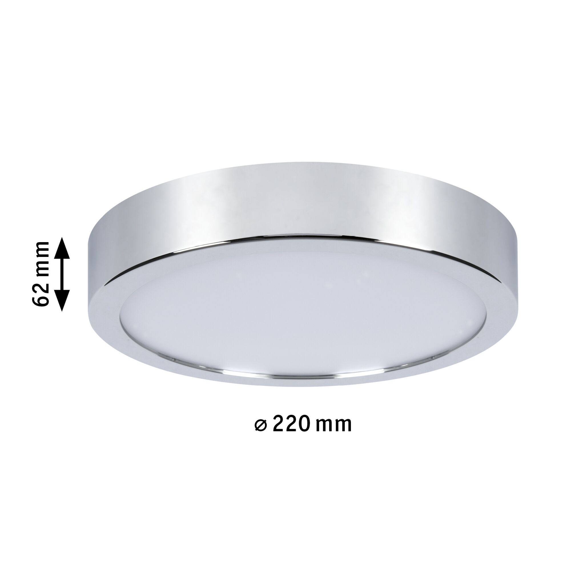 Rundes LED-Deckenlicht mit Chromrahmen und weißem Diffusor, 220 mm Durchmesser, 62 mm Höhe
