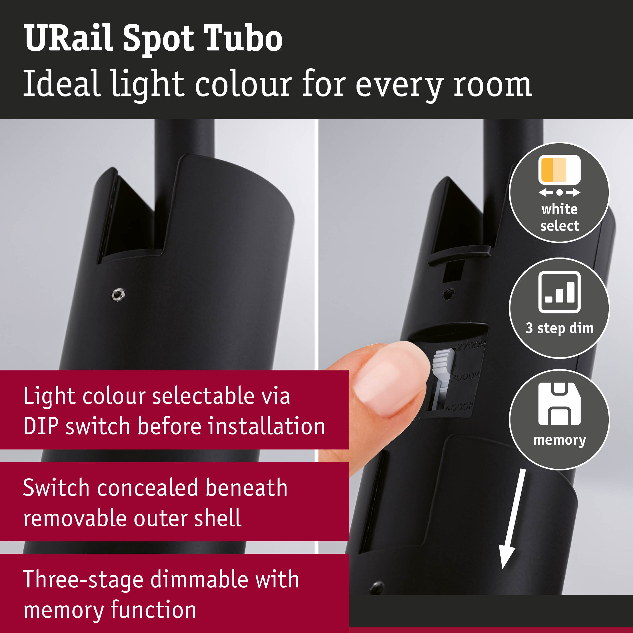 Black URail Spot Tubo spotlight with DIP switch for light colour selection and three-step dimming feature