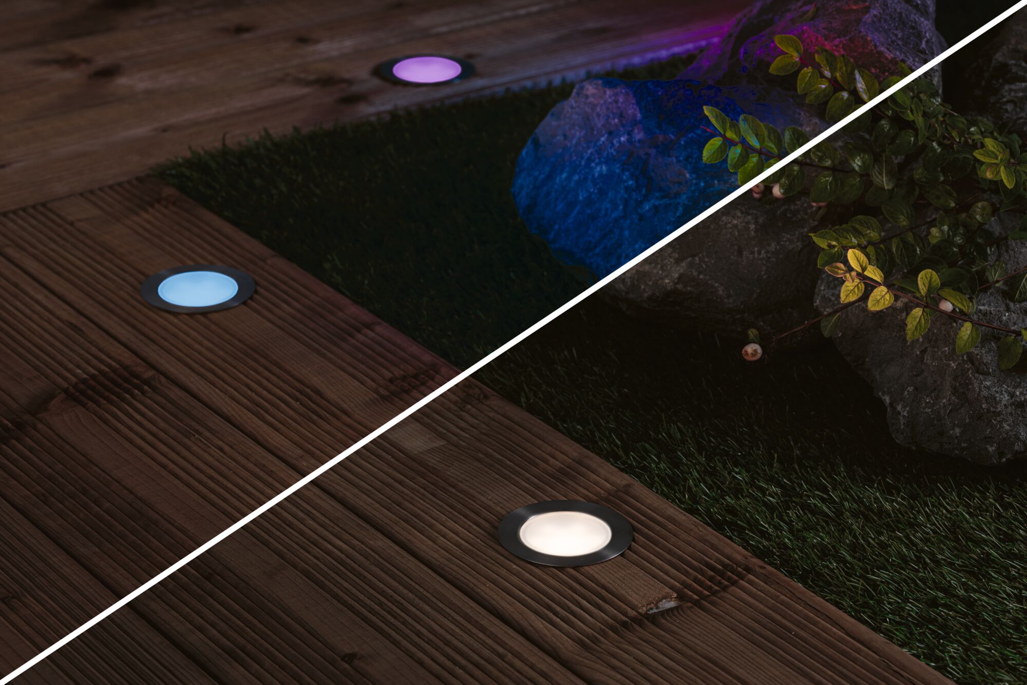Recessed LED garden lights with stainless steel frame on wooden terrace, warm and cool white light