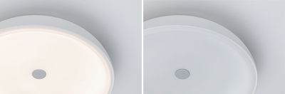 Plafonnier LED rond blanc avec diffuseur et accent gris central pour éclairage moderne