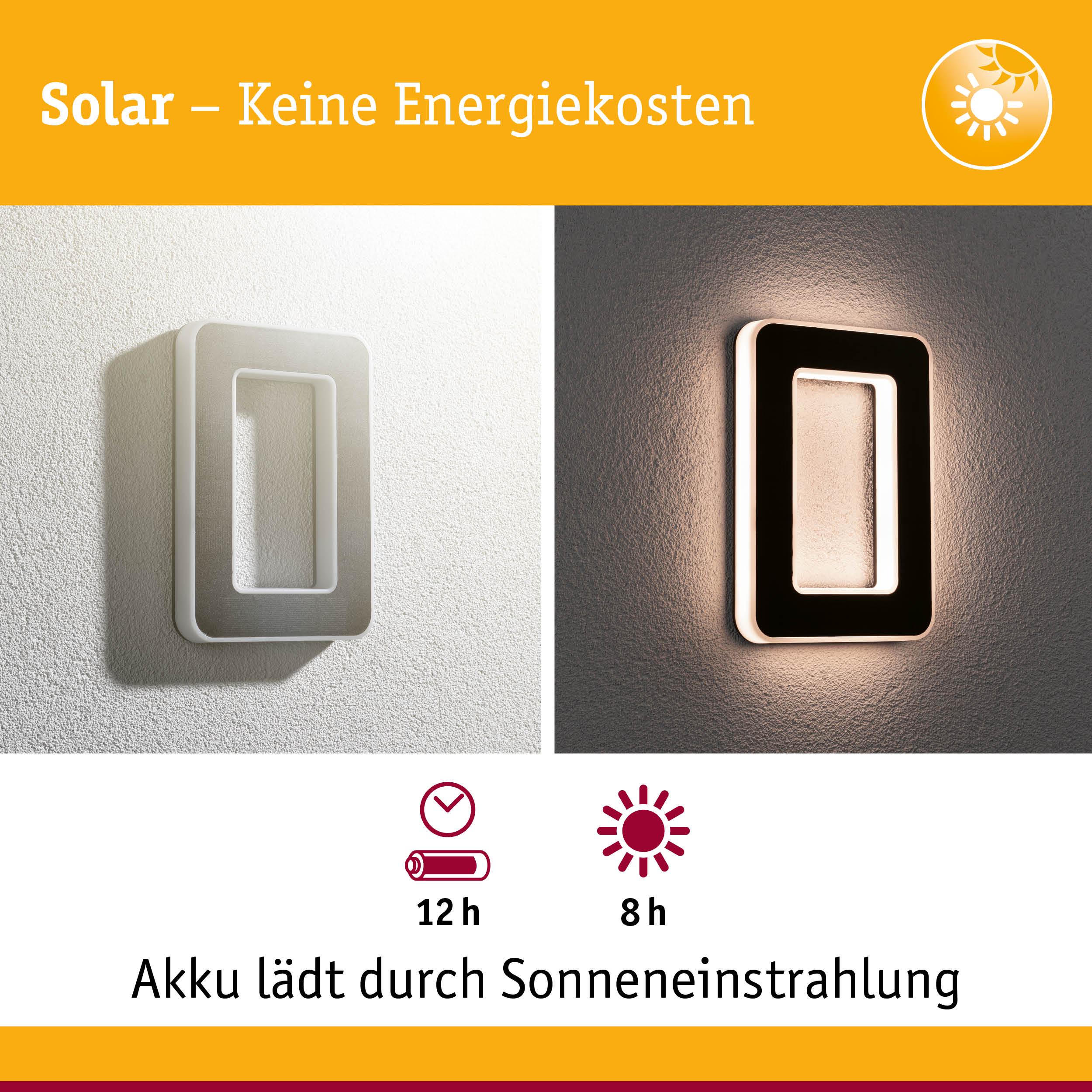 Solarbetriebene rechteckige Wandlampe in Weiß und Schwarz mit LED-Beleuchtung und Akku-Ladeanzeige