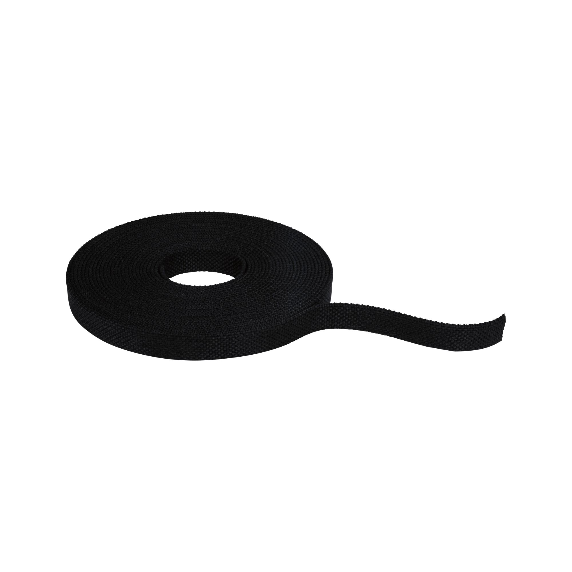 Black textile tape made of durable material, perfect for cable management and fastening.