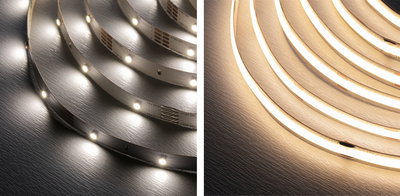 Comparaison de bandes LED : bande standard avec LED individuelles et bande COB avec lumière continue