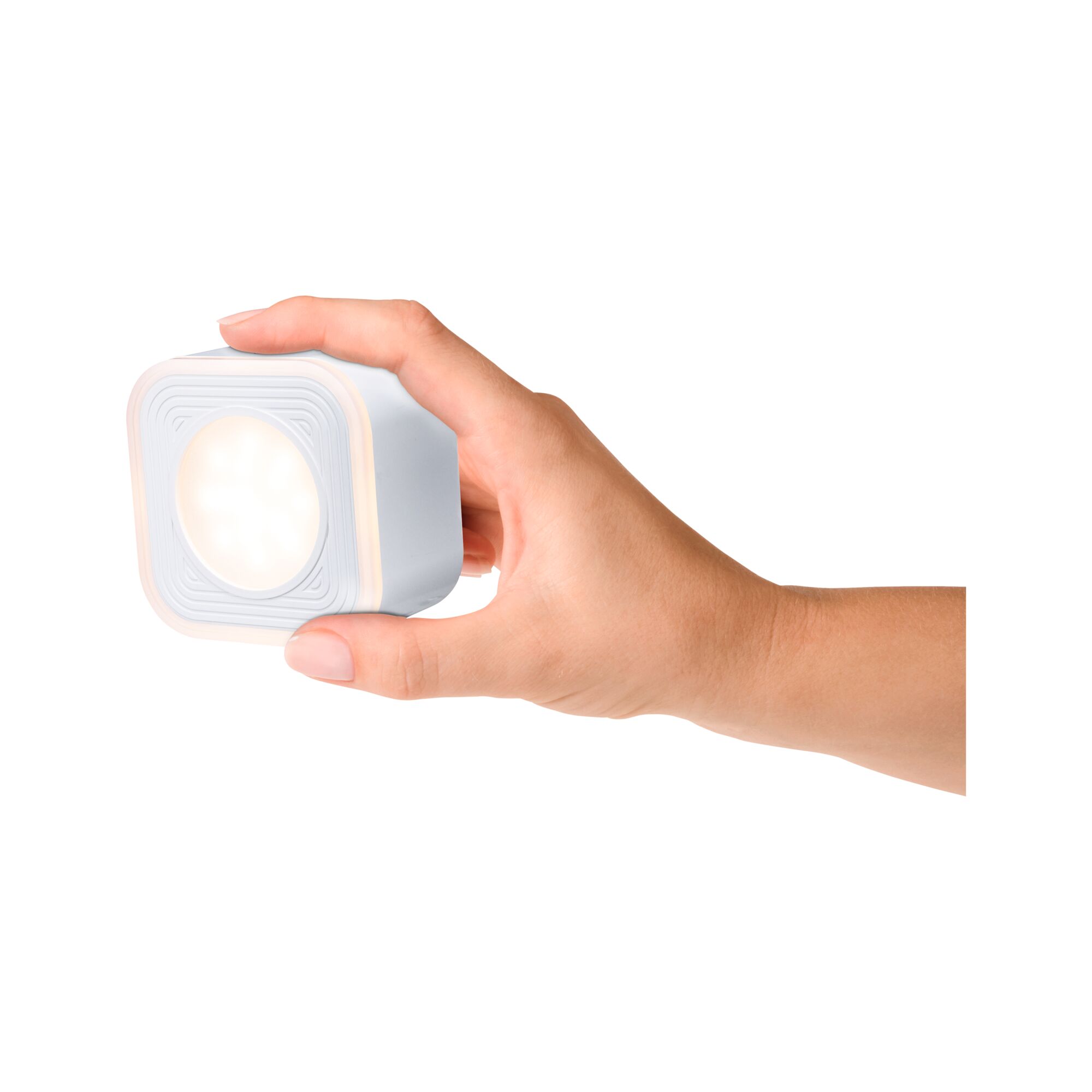 Petite lampe LED blanche avec zone lumineuse ronde, compacte et moderne pour éclairage polyvalent