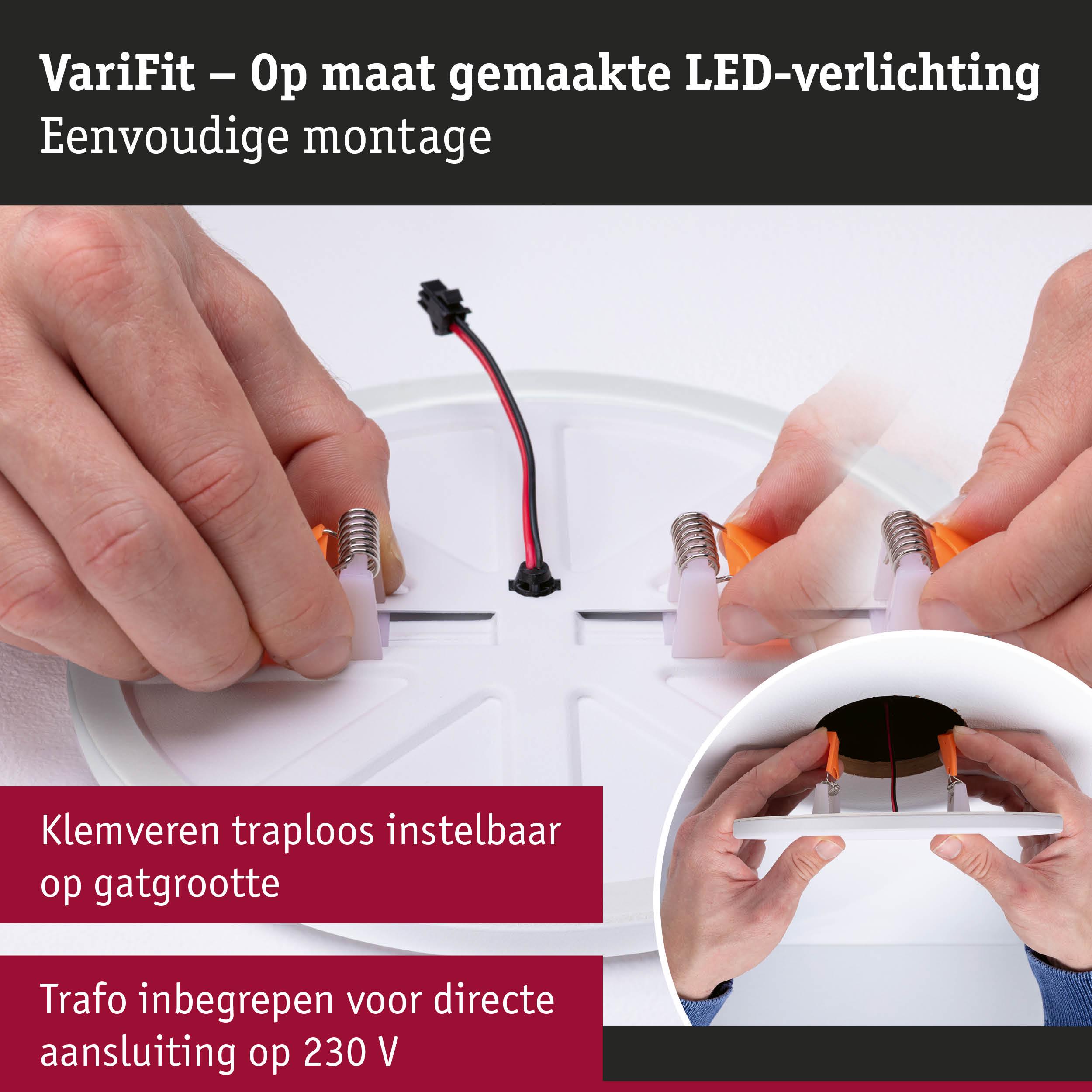 Witte ronde LED-inbouwlamp met traploos instelbare klemveren voor eenvoudige montage en 230V aansluiting