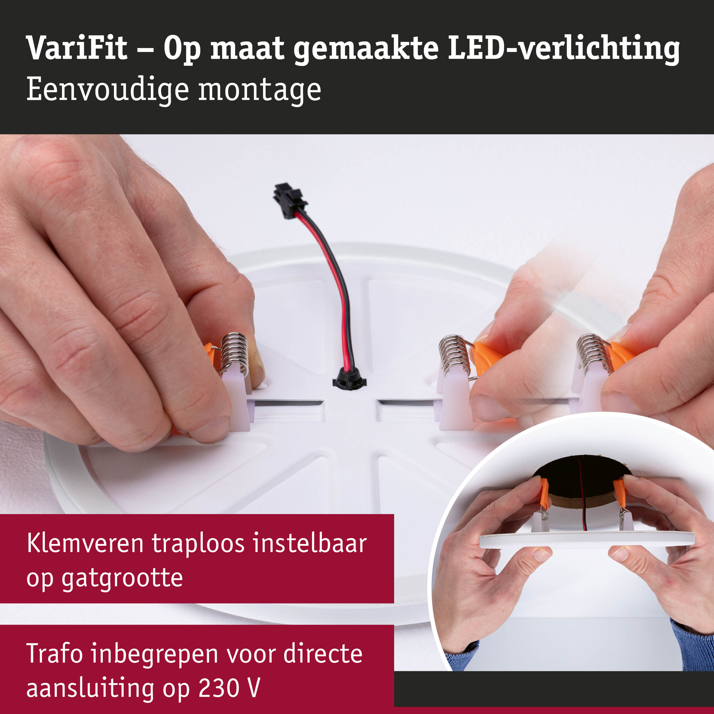 Handen monteren witte LED-verlichting met veerklemmen voor eenvoudige installatie en 230V aansluiting