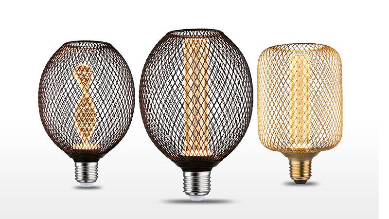 Drie decoratieve LED-lampen met zwart en goud metalen gaas voor sfeerverlichting thuis.