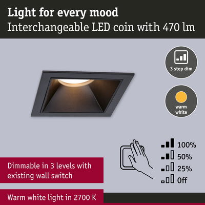 Black LED recessed spotlight with warm white 2700K light and 3-step dimming for versatile home lighting