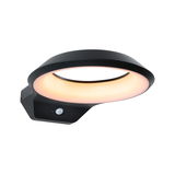 Schwarze LED-Wandleuchte mit rundem warmweißem Licht und Bewegungssensor für Außenbereiche.