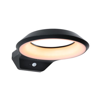 Schwarze LED-Wandleuchte mit rundem warmweißem Licht und Bewegungssensor für Außenbereiche.