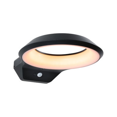 Applique murale LED noire avec lumière blanche chaude ronde et détecteur de mouvement pour extérieur.