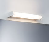 White LED wall light made of plastic above a mirror for modern bathroom lighting