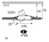 Technical drawing of adjustable recessed spotlight with 84 mm diameter and 25-degree tilt angle